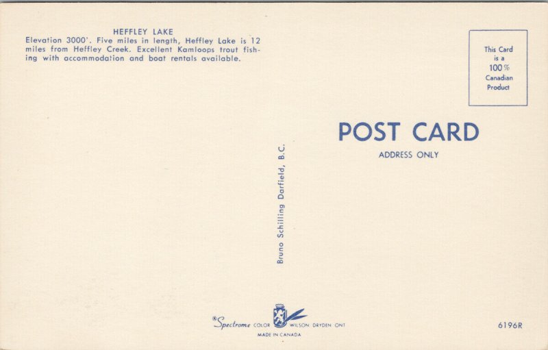 Heffley Lake BC Kamloops Region Unused Postcard G19