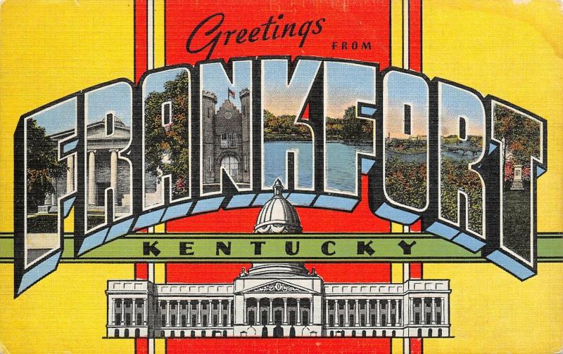 Frankfort Kentucky~Large Letter Linen Postcard~Capitol Building~Prison~1940s PC 