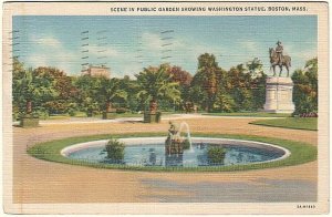 Washington Statue, Public Gardens, Boston MA, Vintage 1938 Linen Postcard