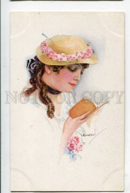 402614 GLAMOUR ROSES Lady reading Book by USABAL Vintage PC 