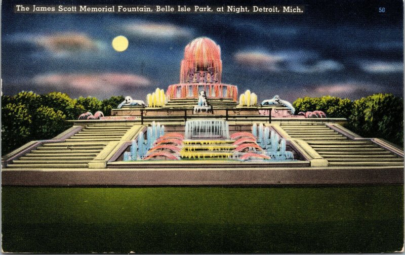 Vtg James Scott Memorial Fountain Belle Isle Park Detroit Michigan MI Postcard