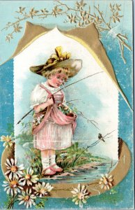 Trade Card - Woolson Spice - Girl in pink dress with apron full of birds?