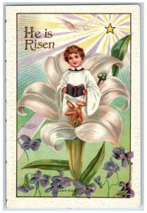 c1910's Easter Boy Holding Books In Lily Flowers Dove Embossed Antique Postcard