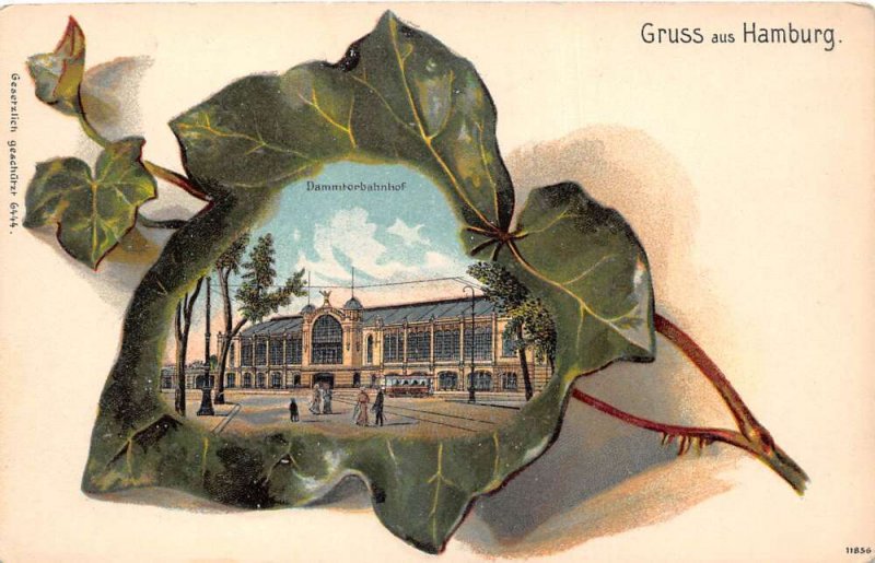 Hamburg Germany Gruss aus Train Station Ivy Leaf Border Postcard AA69874