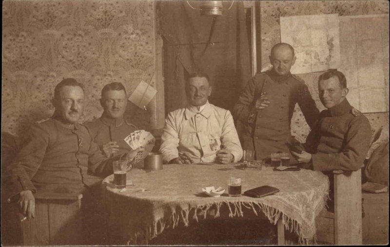 Military German Officers Play Card Game Drink Beer Real Photo Postcard c1915