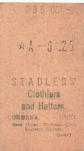 URBANNA OHIO~STANDLER'S CLOTHIERS-NATIONAL CASH REGISTER TICKET FOR FREE PREMIUM