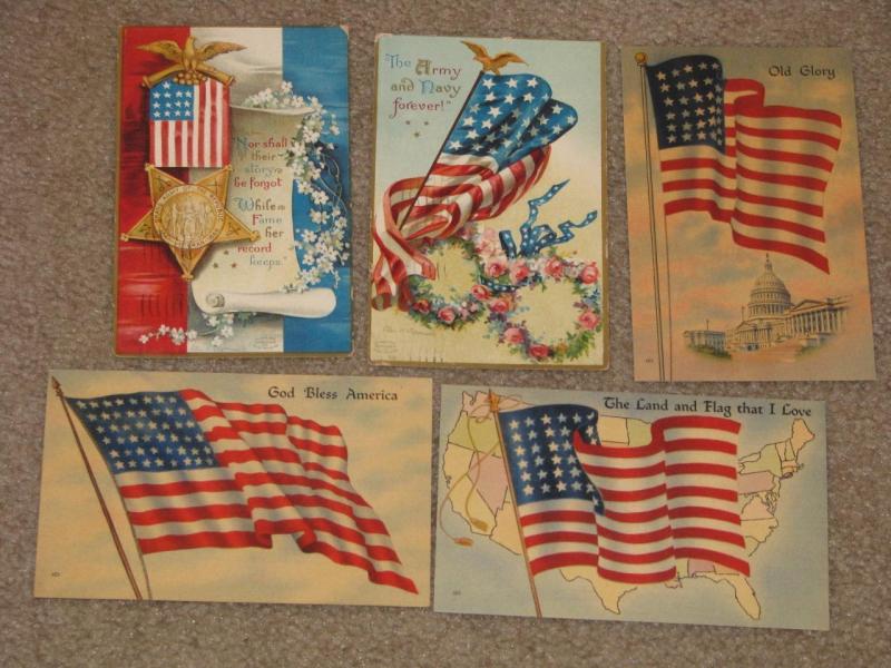 5 Patriotic Postcards, 2 used 1909, 3 unused, vintage cards