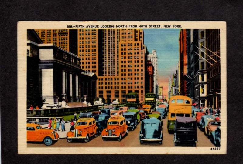 NYC Fifth Ave looking North 40th Ave New York City Linen Postcard Cabs Taxi
