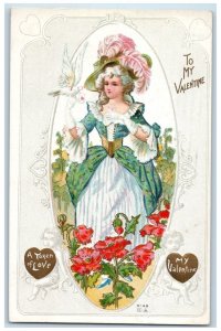 Valentine Postcard Cupid Angel Pretty Woman Colonial Dove Embossed c1910's