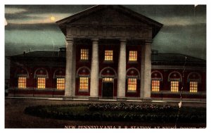 Postcard DE Dover - New Pennsylvania Rail Road Station at Night