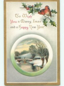 Pre-Linen christmas CUTE BIRDS ON HOLLY BRANCH AND BRIDGE OVER ICY RIVER J1362