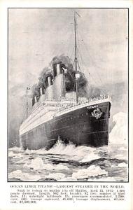 Steamer Titanic Ship 1600 Lives Lost, Largest Steamer in the World Unused 