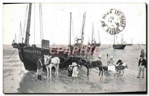 Old Postcard Donkey Mule Berck Beach Boats at low mree