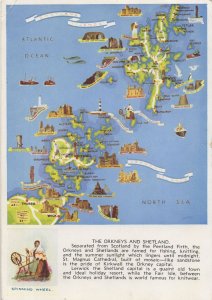 Orkneys Shetland Isles 1960s Map Sewing Wheel Scottish Postcard