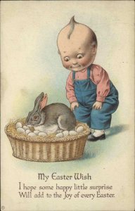 Kewpie Easter Little Boy in Overalls Rabbit With Eggs c1910 Vintage Postcard