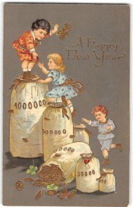 HAPPY NEW YEAR Kids on Bags of Coins 1908 Embossed Antique Greetings Postcard