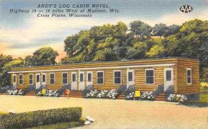 Andy's Log Cabin Motel Highwat 14 Cross Plains Wisconsin 1950s linen postcard