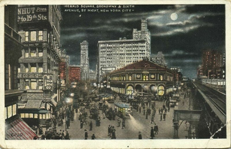 New York, N.Y., Herald Square, Broadway & Sixth Avenue by Night (1910s)