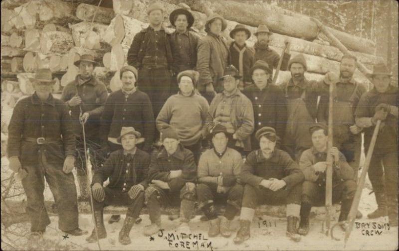 Logging Crew w/ Tools - Ice Cutting Crew Written on Back 1911 RPPC dcn