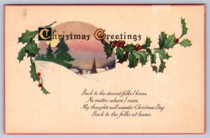 Christmas Greetings, Rhyme, Holly, Rural Winter Scene, Antique 1922 Postcard