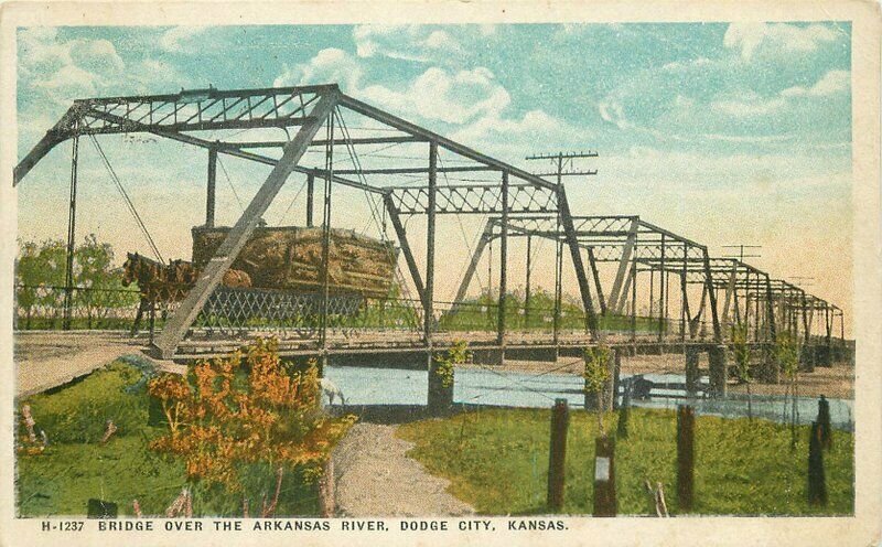 Arkansas River Dodge City Kansas Harvey 1919 Truss Girder Bridge Postcard 10324