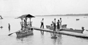 Postcard RPPC Boat Landing on Long Lake in Alpena, MI.  T8