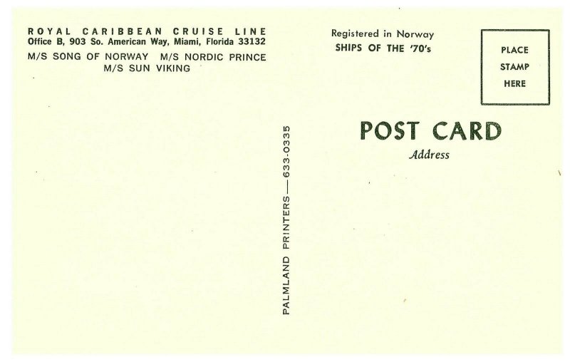 Royal Caribbean Cruise Line Song of Norway Ships of the 70's Postcard