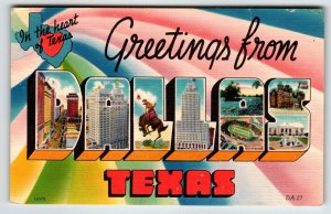 Greetings From Dallas Texas Large Big Letter Linen Postcard Colourpicture Horse