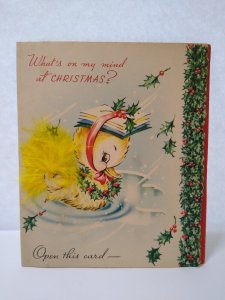 Christmas Greeting Card Baby Ducks Swim Fake Feathers Attached Foldout Vintage  