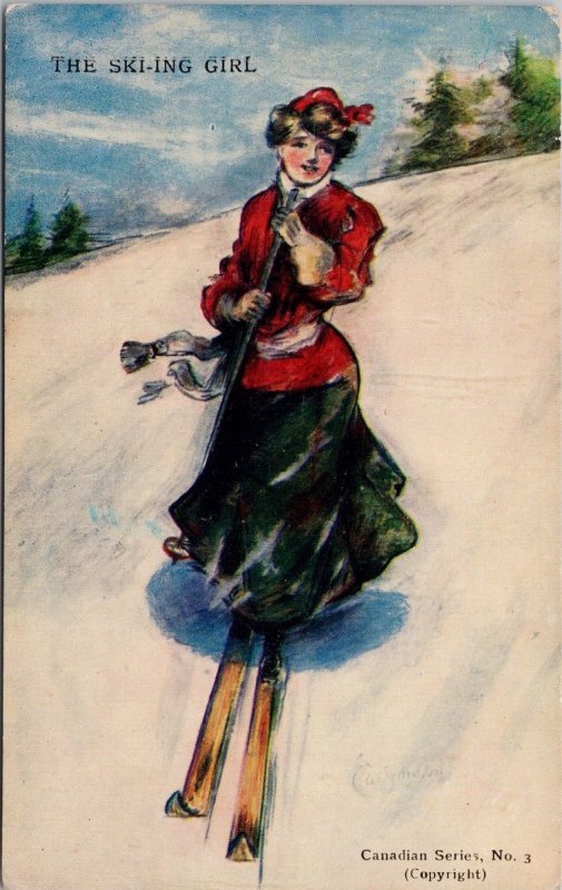 The Skiing Girl Ski-ing Skier Woman Canadian series No 3 Unused Postcard H52