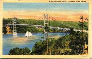 Waldo Hancock Bridge Penobscot River Maine Scenic Linen Cancel WOB Postcard 