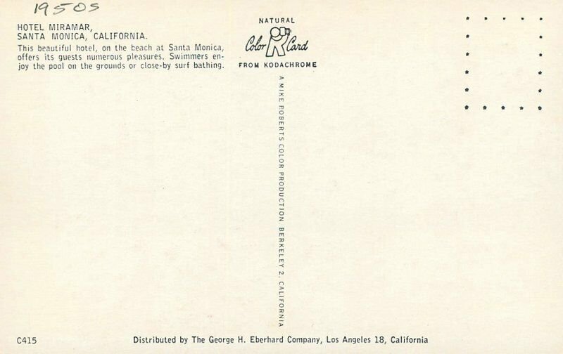 Hotel Miramar Santa Monica California Roadside Roberts 1950s Postcard 20-8619