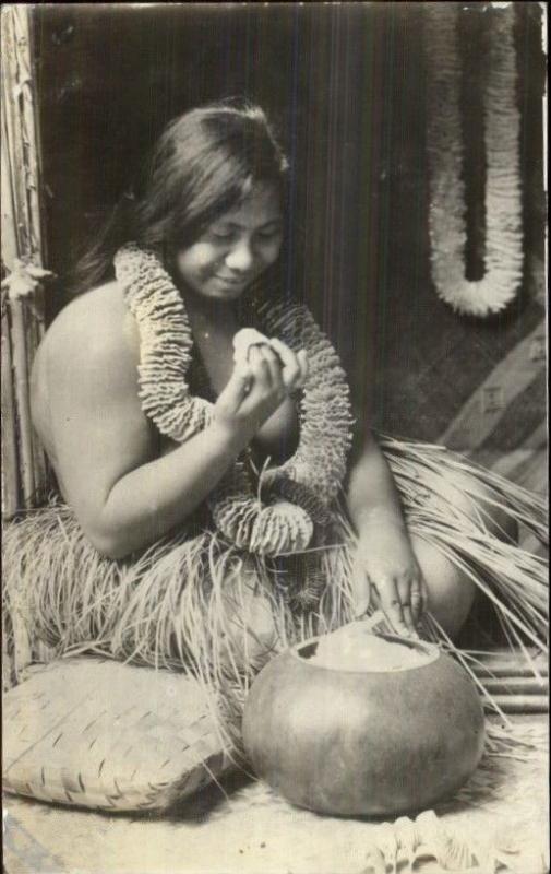 Hawaii HI Beautiful Heavy Set Woman in Lei c1920 Real Photo Postcard spg