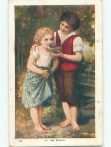 Pre-Linen signed GIRL GETS DRINK FROM CUP HELD BY BOY k6552