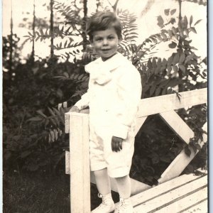 ID'd c1910s Handsome 3yo Boy Smile Bench RPPC Pristine White Outfit Oliver A140