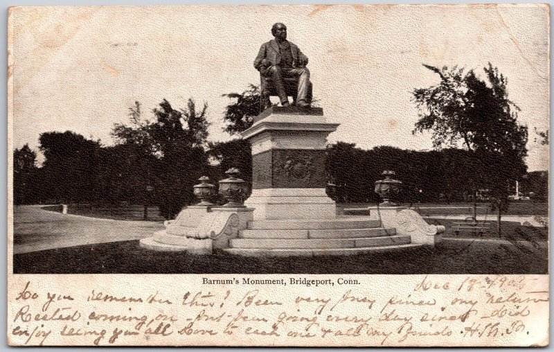 1905 Barnum's Monument Bridgeport Connecticut Historical Antique Posted Postcard