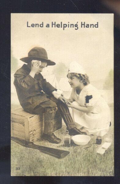 LEND A HELPING HAND BOY GIRL NURSE NURSING VINTAGE POSTCARD SEDALIA MISSOURI