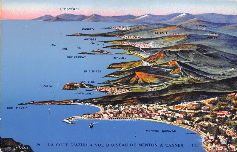 B38484 La Cote Dazur A Vol Doiseau De Menton A Cannes Map