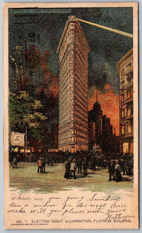 New York City NY 1904 Postcard Election Night Illumination Flatiron Building