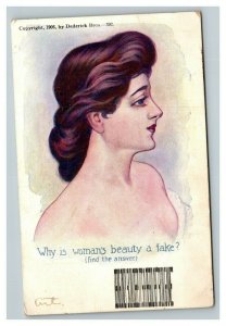 Vintage 1906 Dederick Bros Squished Puzzle Postcard PRETTY WOMAN BEAUTY A FAKE