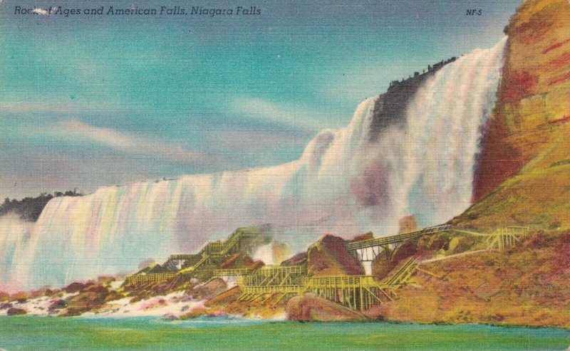 Canada Rock of Ages and American Falls Niagara Falls Linen Postcard 03.55