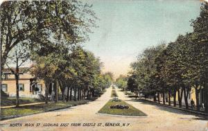 Geneva New York~North Main Street @ Castle St~House~People Walking~1908 Postcard