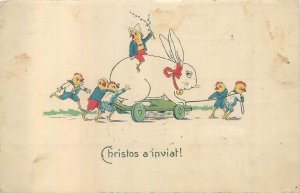 Easter 1925 Romania Christ is risen! comic humanized drawn chicken & rabbit 