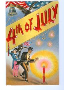 LP24  4th July Fourth postcard, Uncle Sam, Fireworks