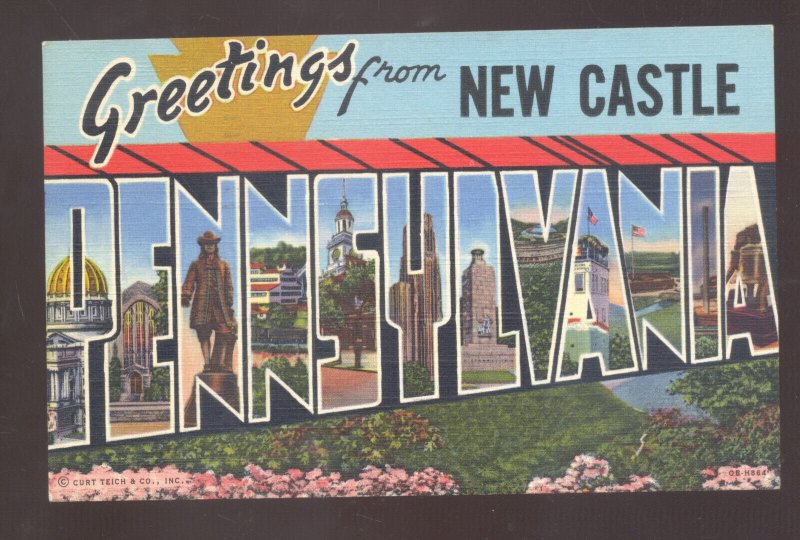 GREETINS FROM NEW CASTLE PENNSYLVANIA VINTAGE LARGE LETTER LINEN POSTCARD