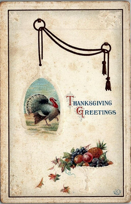 c1910 THANKSGIVING GREETINGS TURKEY FRUIT BOWL EMBOSSED POSTCARD 34-57