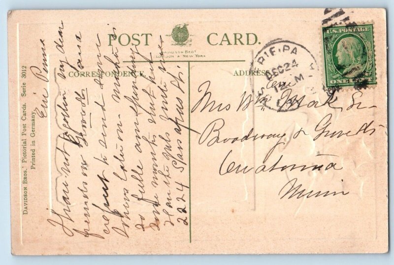 Christmas Postcard House Winter Scene Bell Berries Embossed c1910's Antique