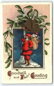 c1910 SANTA CLAUS CHRISTMAS GOODWILL FAIR GREETING EMBOSSED POSTCARD P2813G