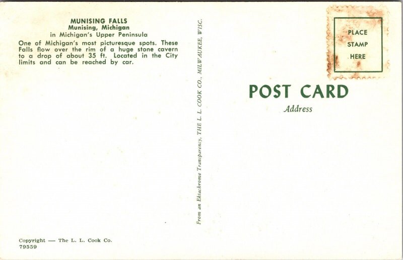 Munising Falls Michigan MI Waterfall Postcard VTG UNP LL Cook Vintage Unused  