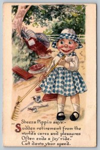 Sheeza Pippin Little Boy Doll Fantasy Raking    Postcard  1919